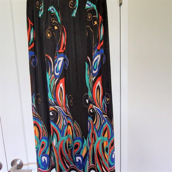 Women's Long Graphic Design Skirt w/Elastic Waistband - Black/Multi - Size 10 - Picture 4 of 5